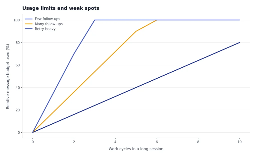 Line chart: Few follow-ups rises to 80%, Many follow-ups to 100%, Retry-heavy reaches 100% by cycle 3.