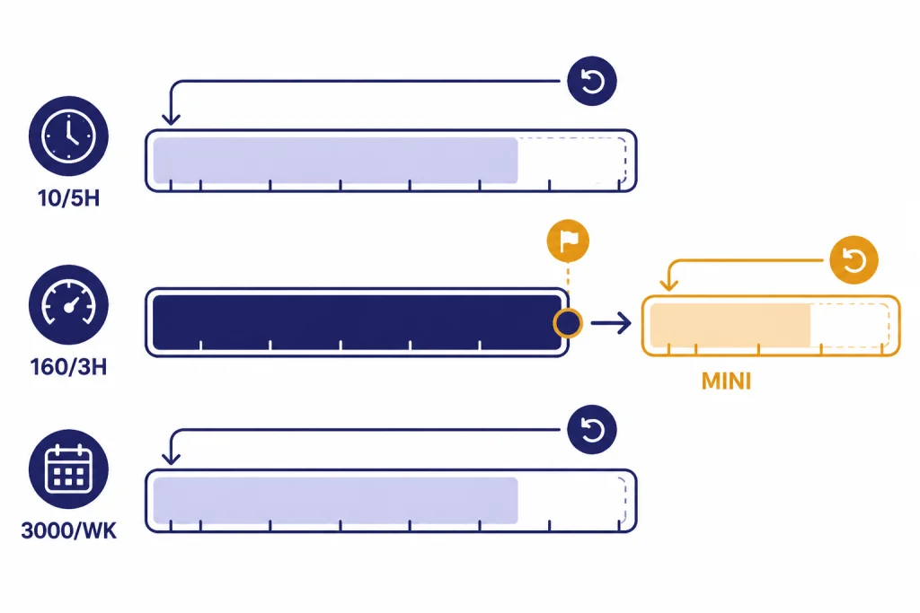 Rolling limit timeline with lanes labeled 10/5H, 160/3H, 3000/WK, and fallback MINI.