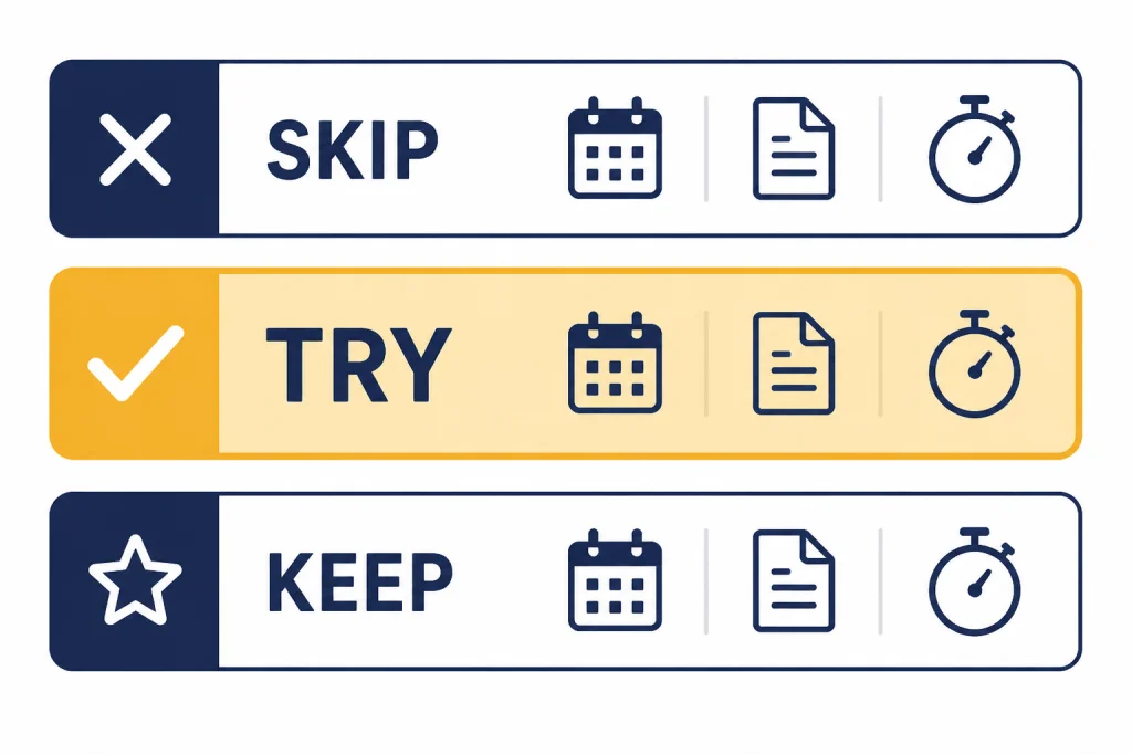 Three verdict bands labeled SKIP, TRY, and KEEP, with TRY highlighted beside calendar, file, and stopwatch icons.