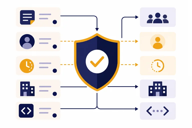 Five stacked data cards feed into a shield with arrows and a checkmark.