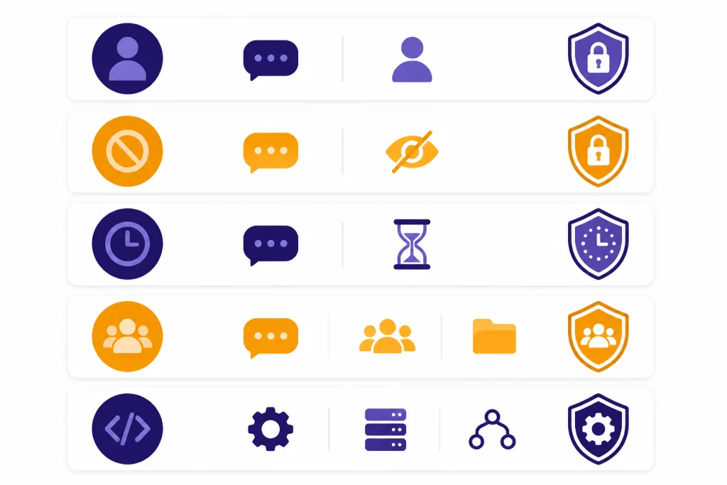Five stacked comparison cards with chat, opt-out, temporary, workspace, and API icons.
