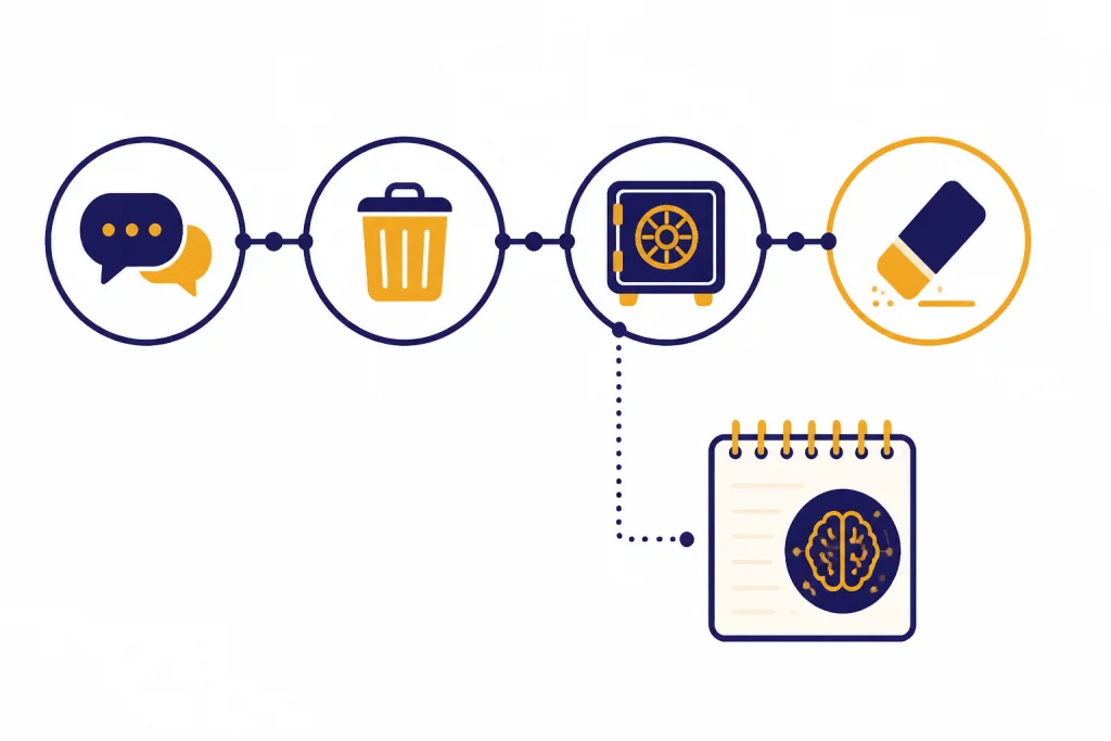 Chat bubble timeline to trash, safety vault, and eraser, with a separate memory notepad.