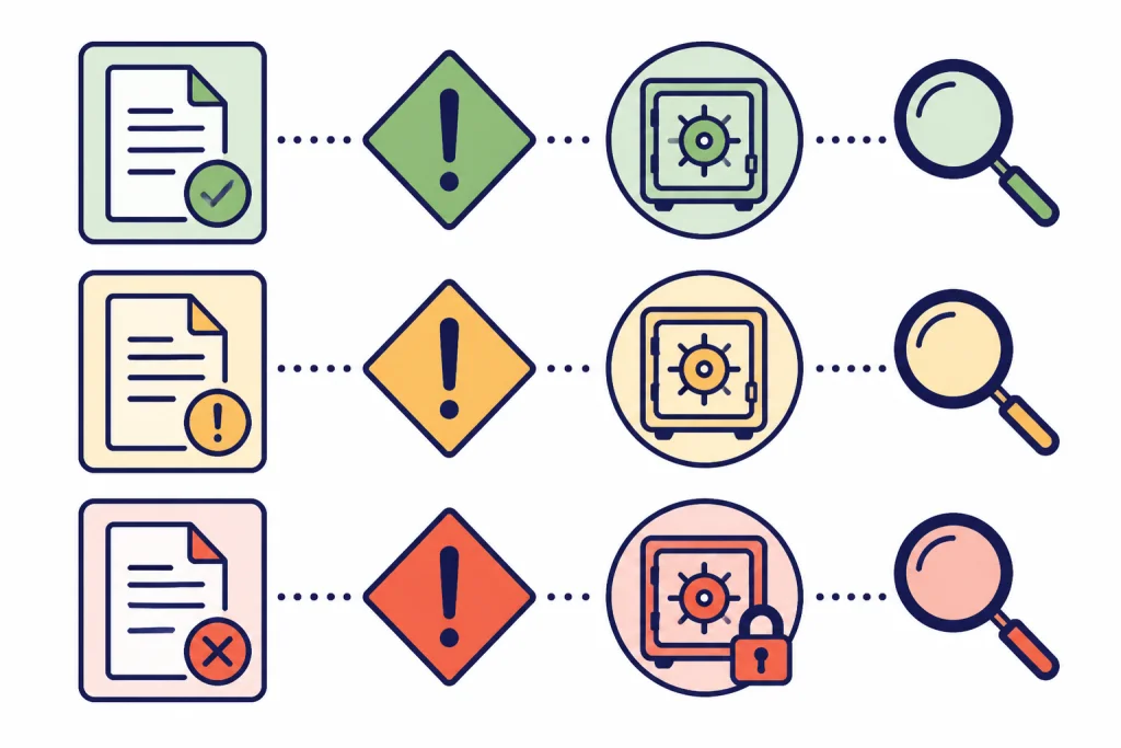Safety Decision Matrix Three-tier safety matrix with document, caution diamond, locked vault, and magnifier icons.