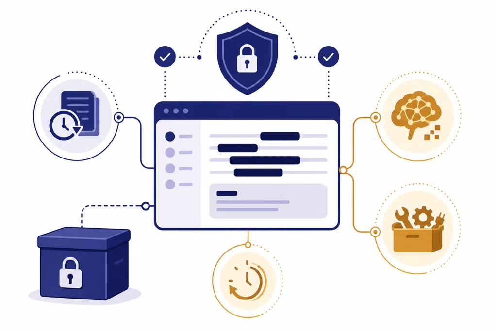 Personal Data Safety Map Privacy dashboard with redaction panel, shield, locked storage box, timer, and branching data paths.