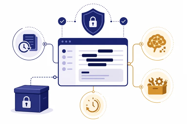 Privacy dashboard with redaction panel, shield, locked storage box, timer, and branching data paths.