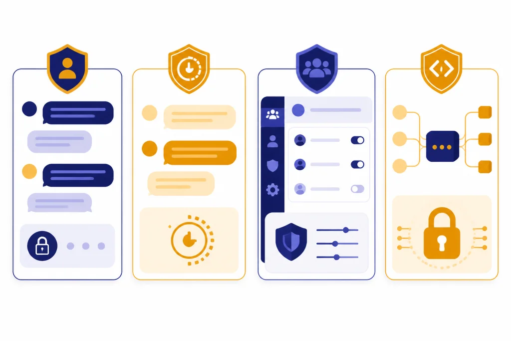 Account Protection Comparison Four account protection cards for personal chat, temporary chat, business workspace, and API pipeline.
