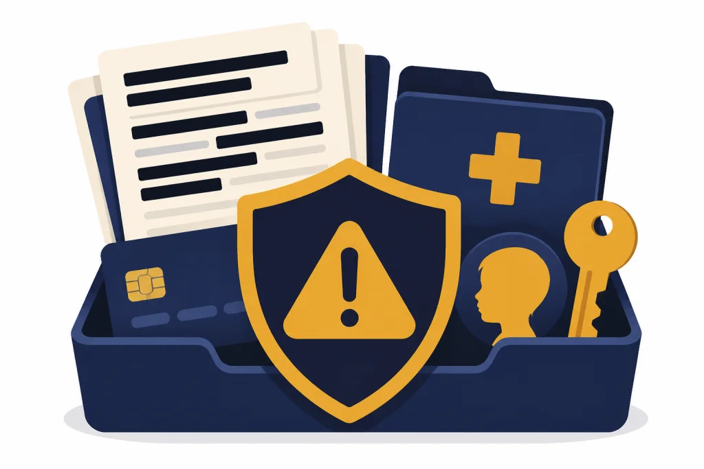 Sensitive Data Exclusions Sensitive data tray with redacted documents, bank card, medical folder, key, child silhouette, and shield.