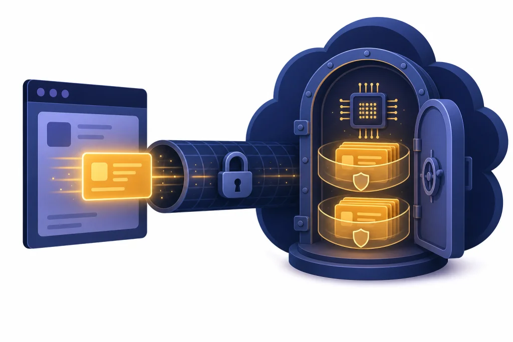 ChatGPT Encryption Path Browser card linked by locked tunnel to server vault and model chip.