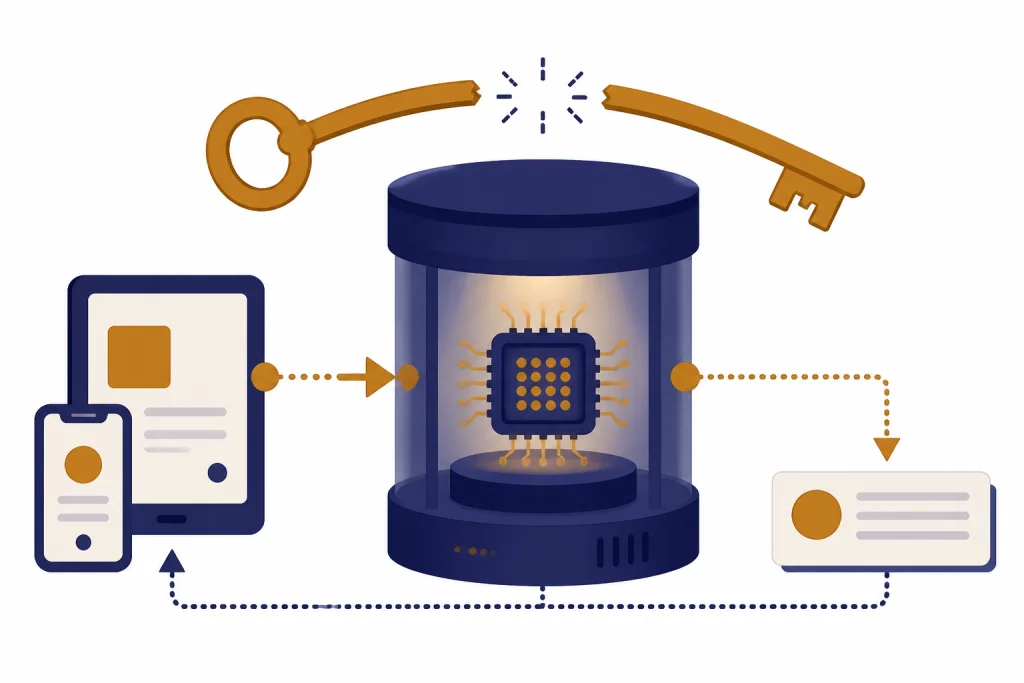 Device connects to a processing chamber with a model chip and a broken key bridge above it.