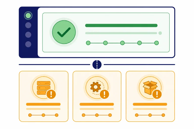 Status dashboard with one stable panel and three amber alert cards for separate issue types.