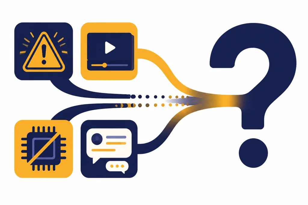 Four rumor-source tiles converge into one large question marker.