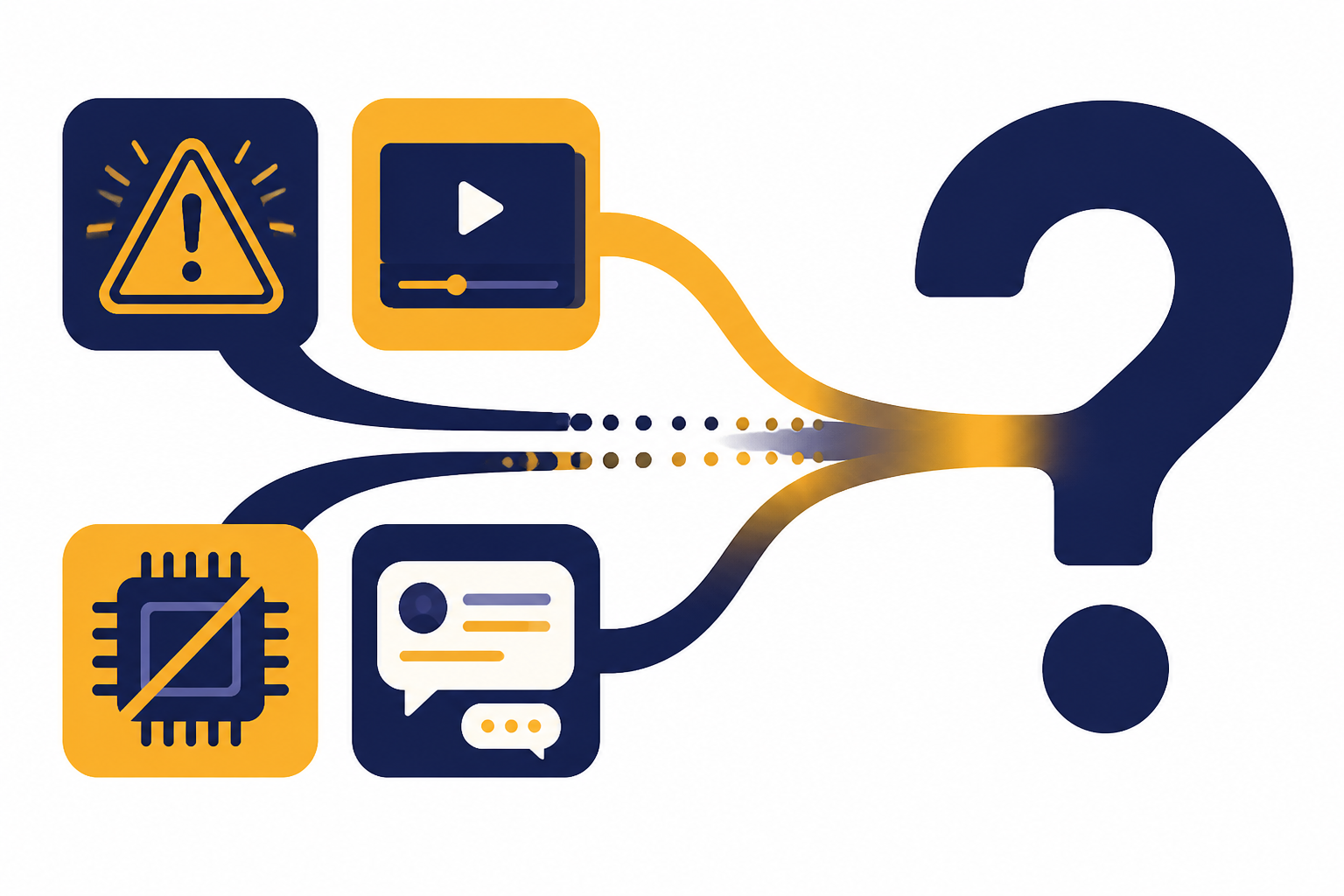 Four rumor-source tiles converge into one large question marker.