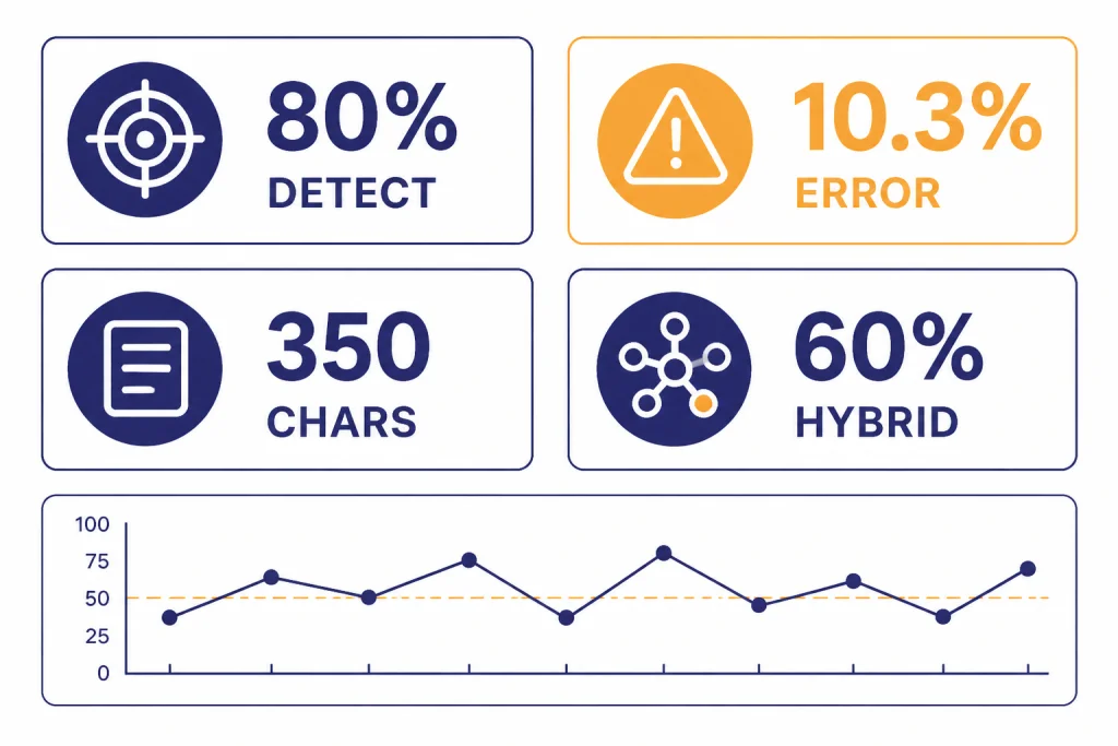 Detector Accuracy Metrics Benchmark dashboard with cards labeled 80% DETECT, 10.3% ERROR, 350 CHARS, and 60% HYBRID.
