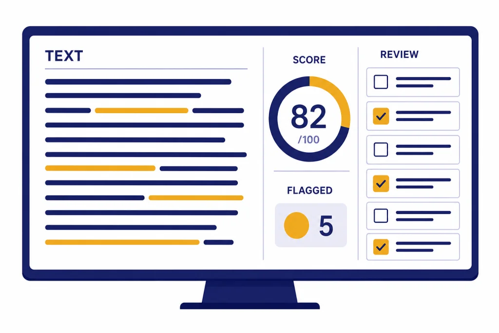 AI Detector Review Panel Sentence report panel with highlighted lines, score gauge, and labels TEXT, SCORE, FLAGGED, REVIEW.