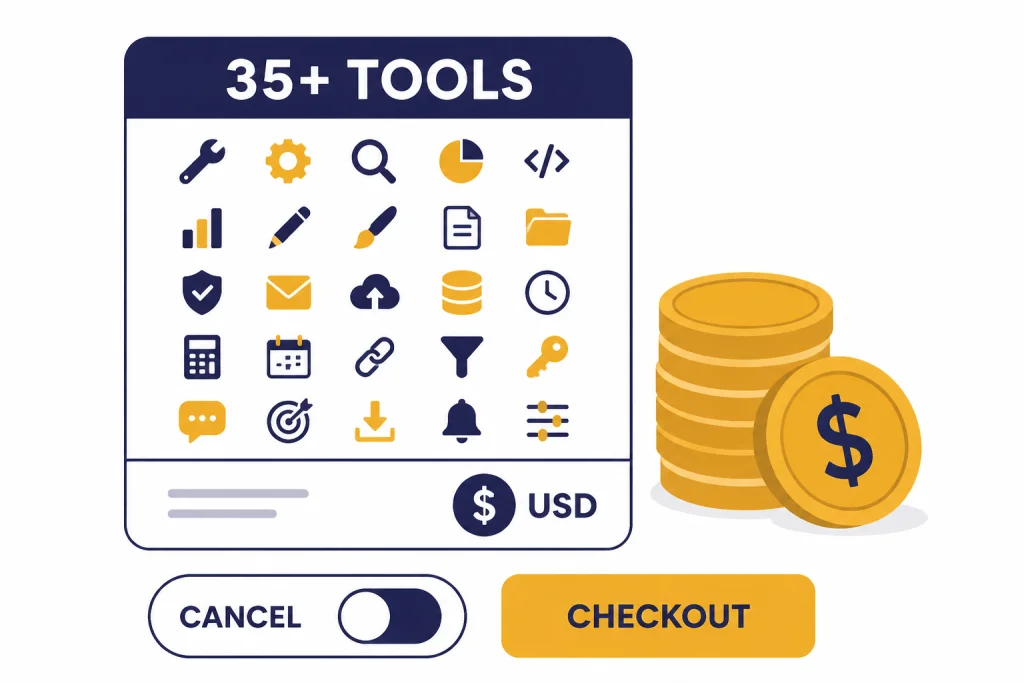 Subscription card labeled 35+ TOOLS, USD, CANCEL, and CHECKOUT with bundled tool icons.