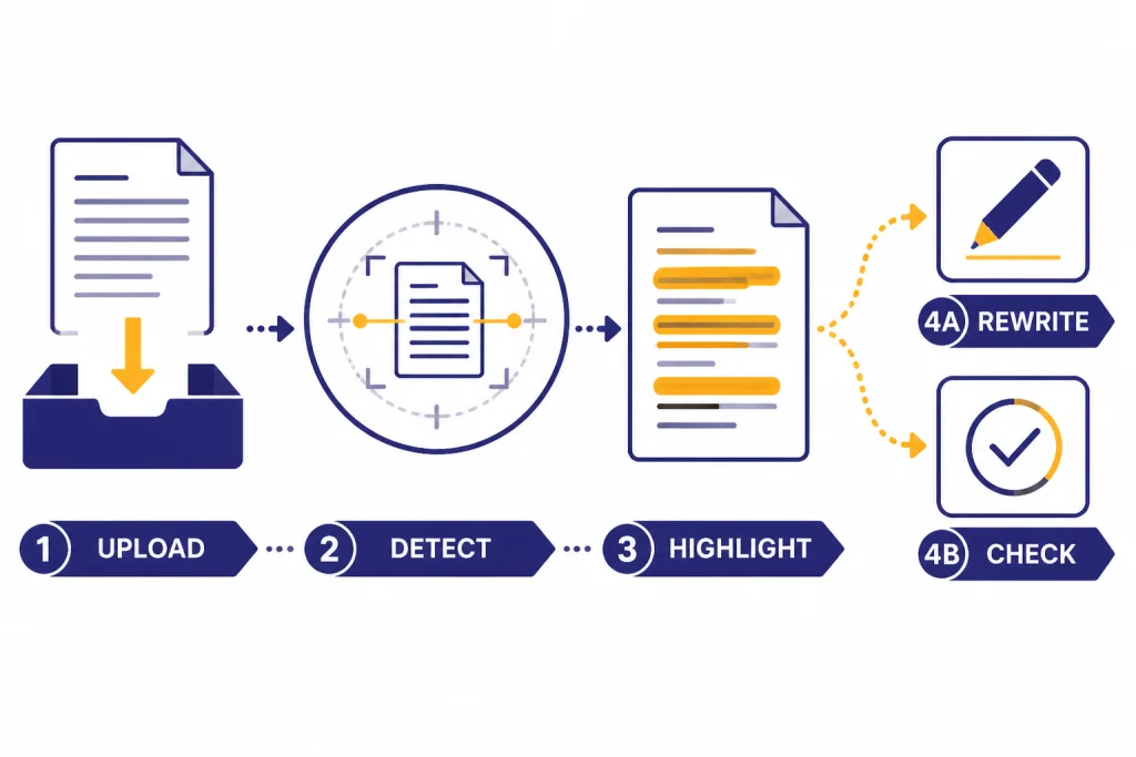 JustDone Detection Workflow Four-stage workflow labeled UPLOAD, DETECT, HIGHLIGHT, REWRITE, and CHECK.