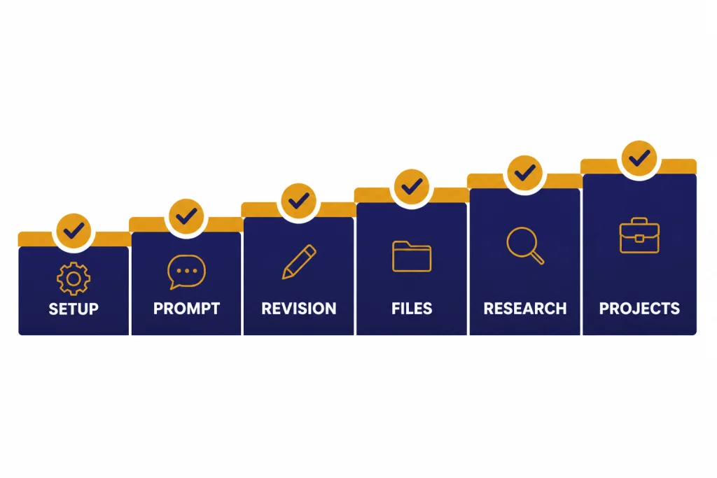 Skills ladder with six steps labeled SETUP, PROMPT, REVISION, FILES, RESEARCH, and PROJECTS.