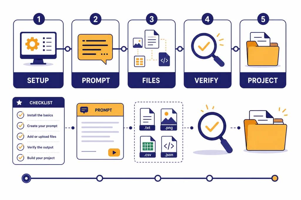 ChatGPT Course Roadmap Course roadmap with five cards labeled SETUP, PROMPT, FILES, VERIFY, and PROJECT.