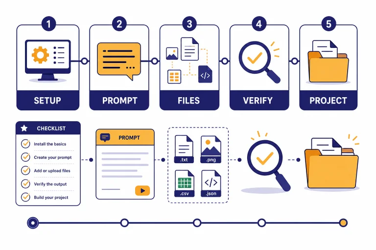 Course roadmap with five cards labeled SETUP, PROMPT, FILES, VERIFY, and PROJECT.