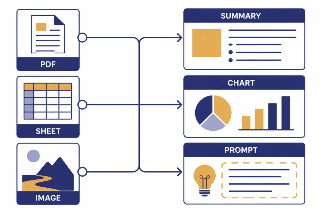 Workspace diagram with PDF, SHEET, and IMAGE inputs leading to SUMMARY, CHART, and PROMPT outputs.