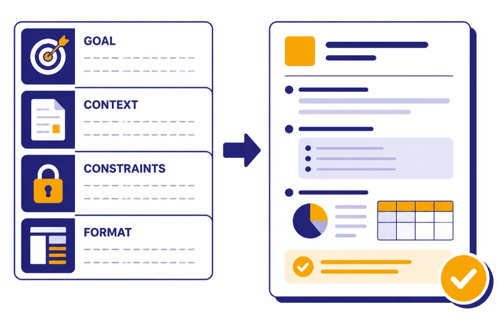 Prompt template card with four fields labeled GOAL, CONTEXT, CONSTRAINTS, and FORMAT.