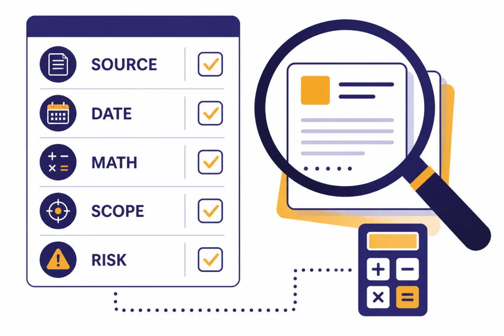 Verification checklist labeled SOURCE, DATE, MATH, SCOPE, and RISK beside a source card and calculator.