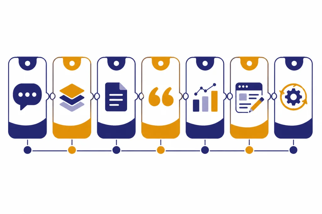 Seven connected lesson cards with icons for chat, context, file, citation, chart, editing, and reuse.