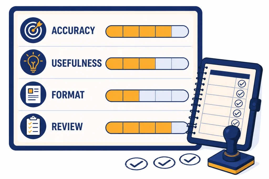 Progress scorecard with meter bars labeled ACCURACY, USEFULNESS, FORMAT, and REVIEW plus logbook.