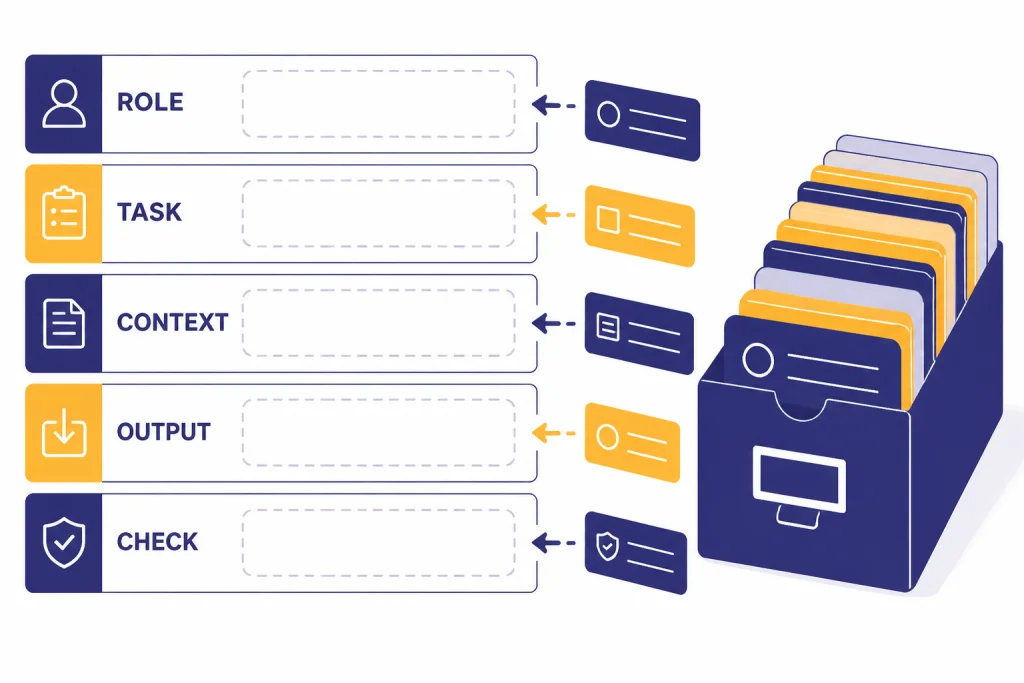 Prompt template form with rows labeled ROLE, TASK, CONTEXT, OUTPUT, and CHECK beside a library drawer.