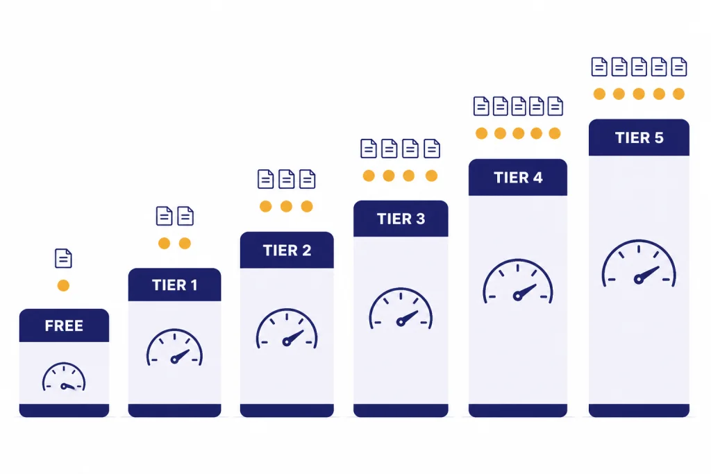 Six rate-limit bars labeled FREE, TIER 1, TIER 2, TIER 3, TIER 4, and TIER 5.