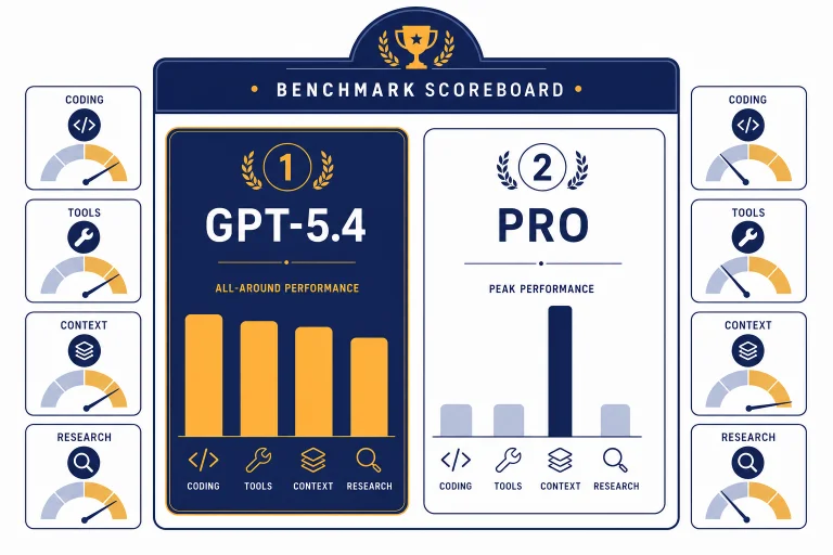Benchmark scoreboard with cards labeled GPT-5.4 and PRO plus gauges for coding, tools, context, and research.