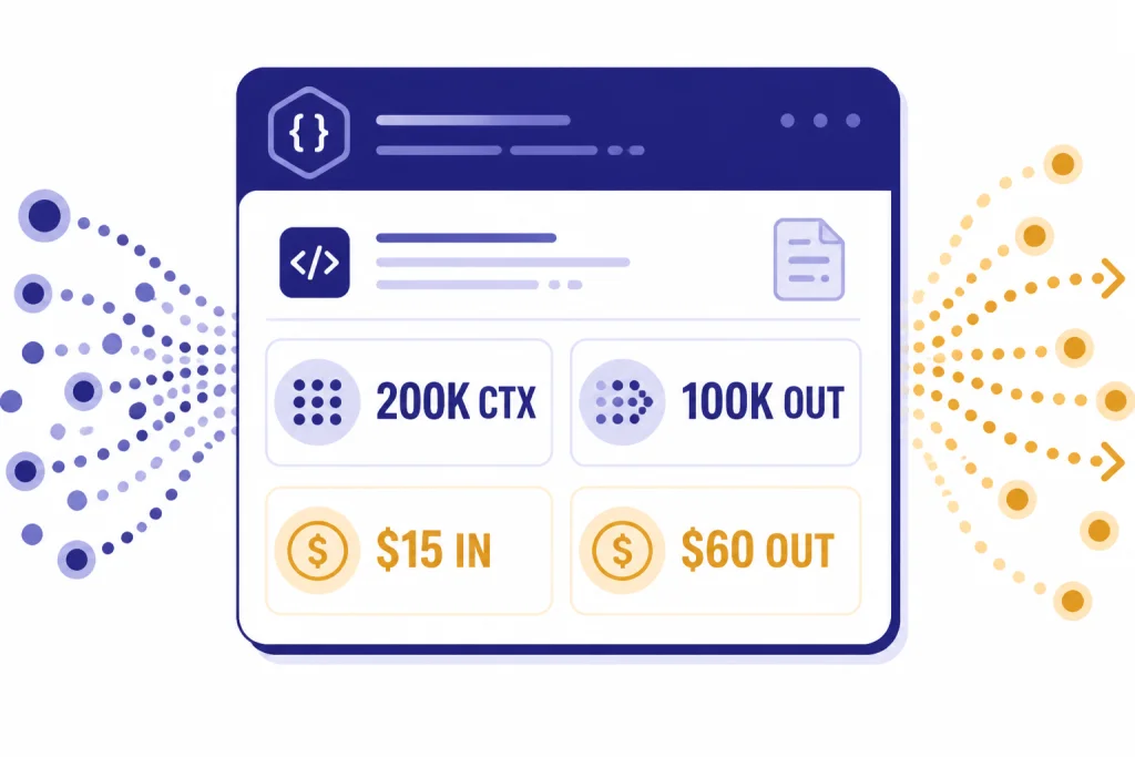API spec card with four tiles labeled 200K CTX, 100K OUT, $15 IN, and $60 OUT.