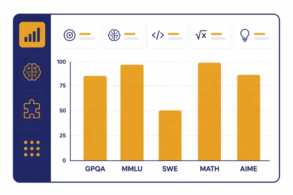 Benchmark dashboard with bars labeled GPQA, MMLU, SWE, MATH, and AIME at different heights.