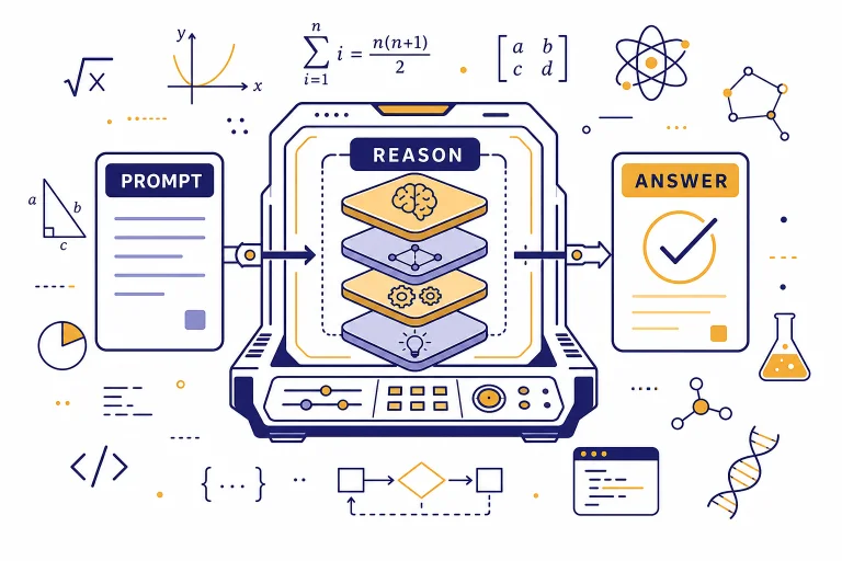 Reasoning console with cards labeled PROMPT, REASON, and ANSWER plus math, code, and science icons.