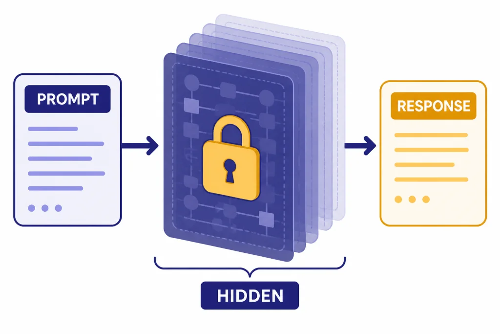 Flow diagram labeled PROMPT, HIDDEN, and RESPONSE, with hidden reasoning shown as locked stacked panels.