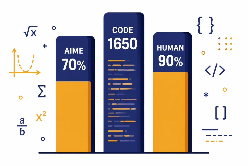 Three benchmark bars labeled AIME 70%, CODE 1650, and HUMAN 90% with math and code icons.