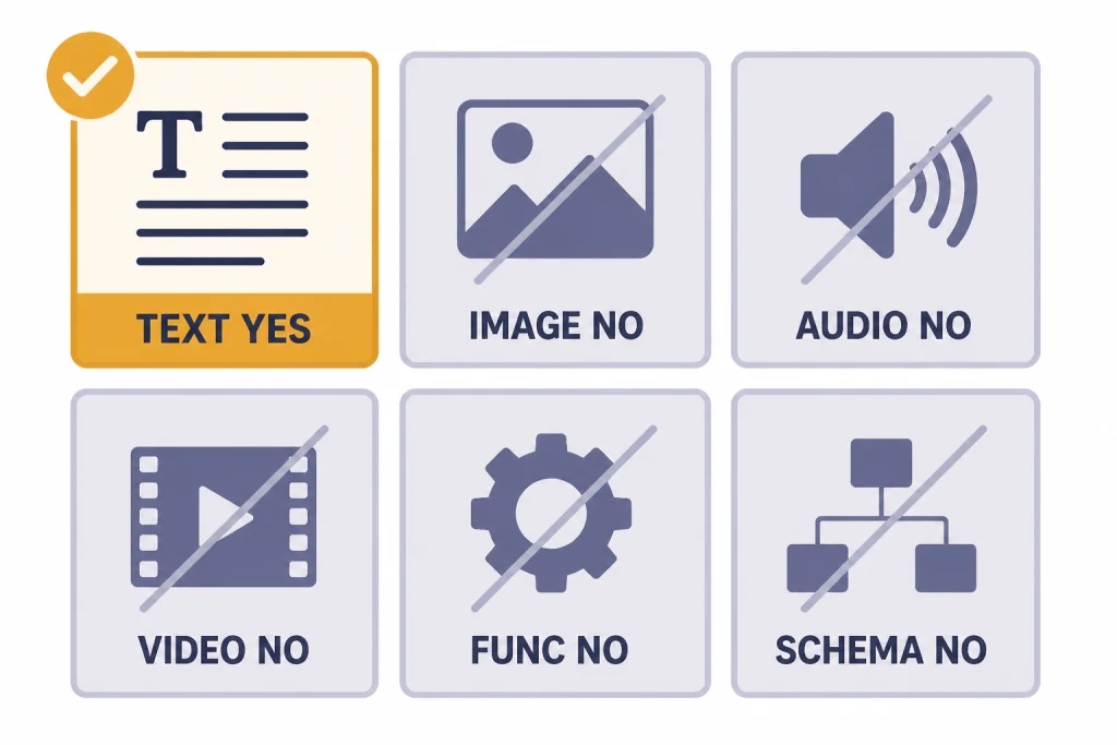 Feature grid with TEXT YES highlighted and muted tiles labeled IMAGE NO, AUDIO NO, VIDEO NO, FUNC NO, and SCHEMA NO.