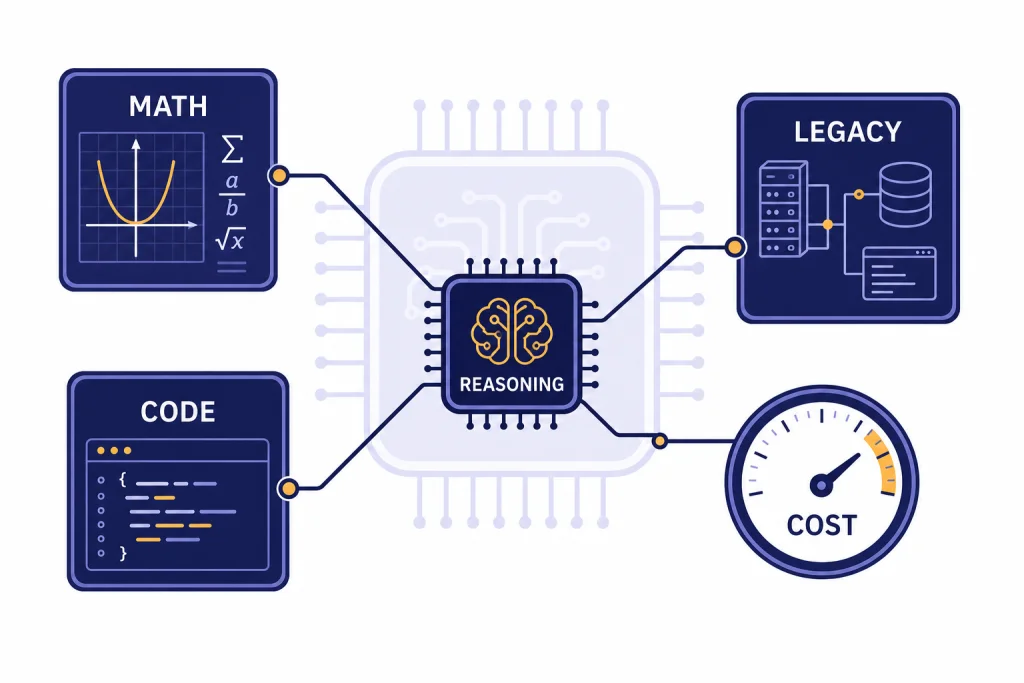 o1-mini Reasoning Overview Compact reasoning chip connected to MATH, CODE, COST, and LEGACY task cards with a larger faded chip behind it.
