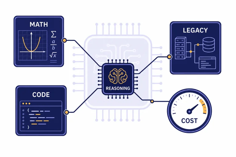 Compact reasoning chip connected to MATH, CODE, COST, and LEGACY task cards with a larger faded chip behind it.