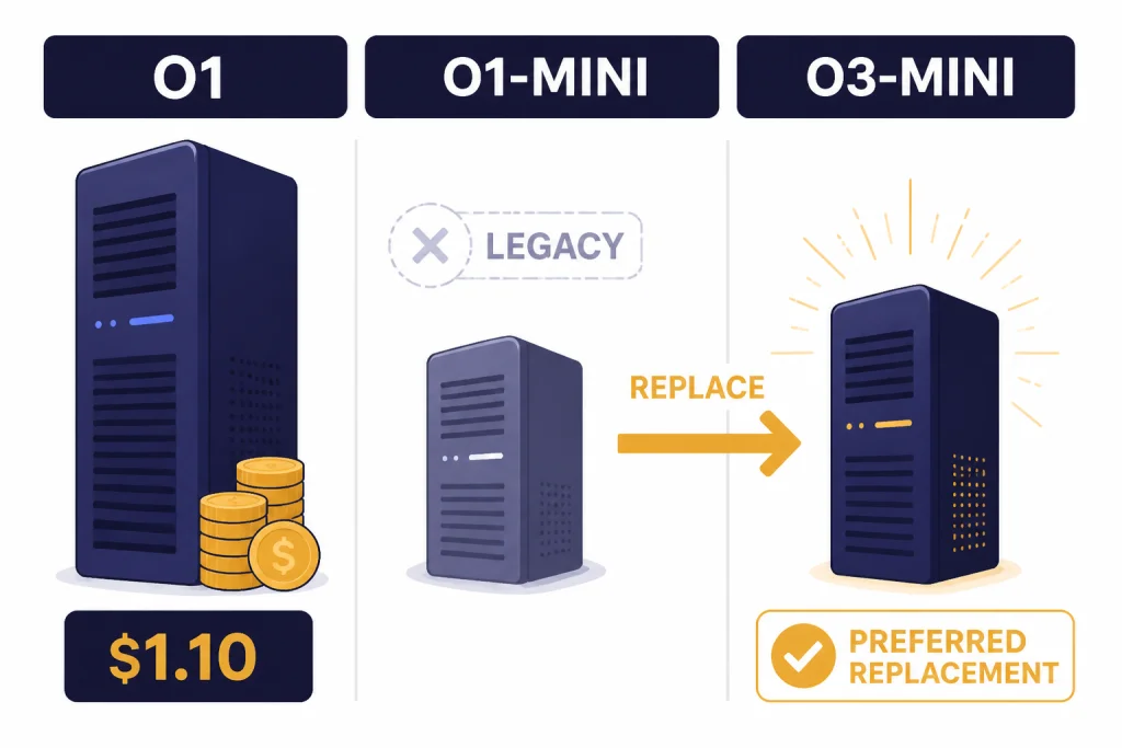 Comparison board labeled O1, O1-MINI, and O3-MINI with an arrow from legacy O1-MINI to replacement O3-MINI.