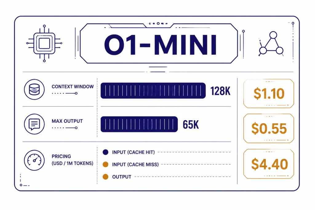 Model spec dashboard labeled O1-MINI with 128K context, 65K output, and $1.10, $0.55, $4.40 price chips.
