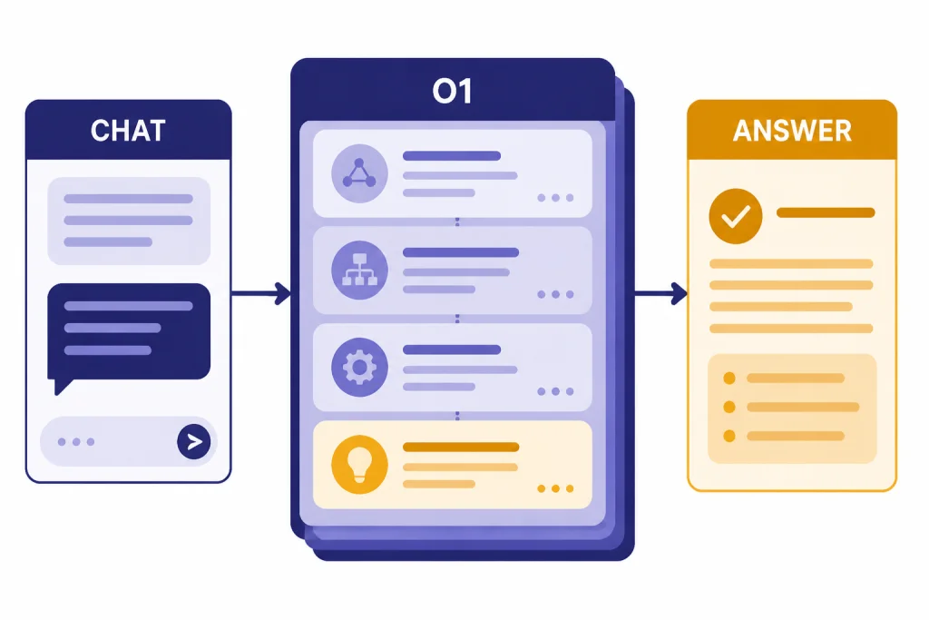 Three connected cards labeled CHAT, O1, and ANSWER, with O1 shown as a deeper layered reasoning card.