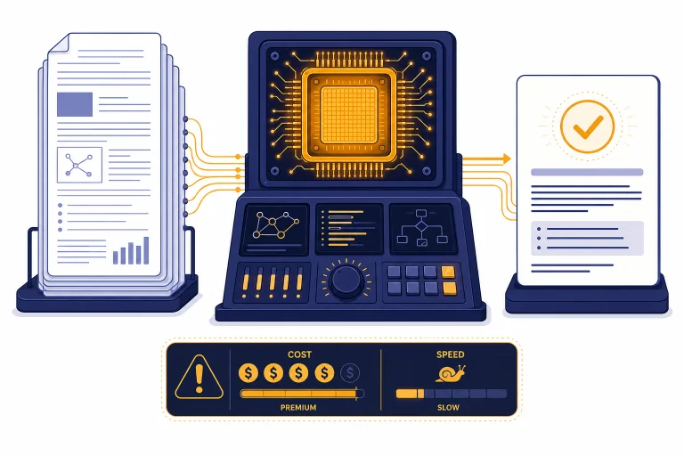 High-compute reasoning console with document stack, processor block, answer card, and cost meter.
