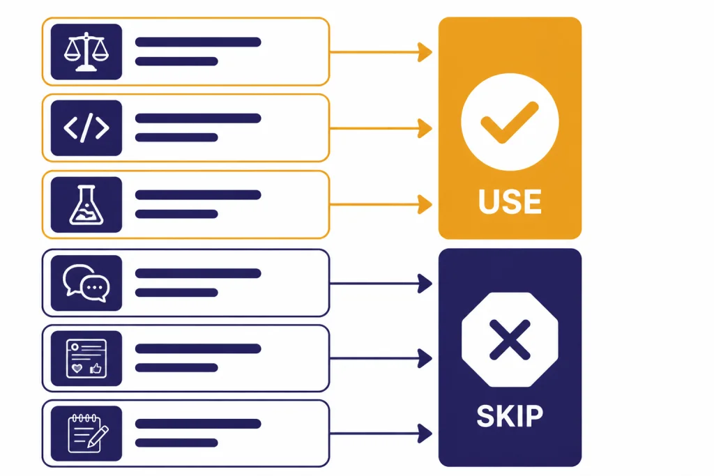 Decision matrix with legal, code, and science cards under USE and chat, posts, and notes cards under SKIP.