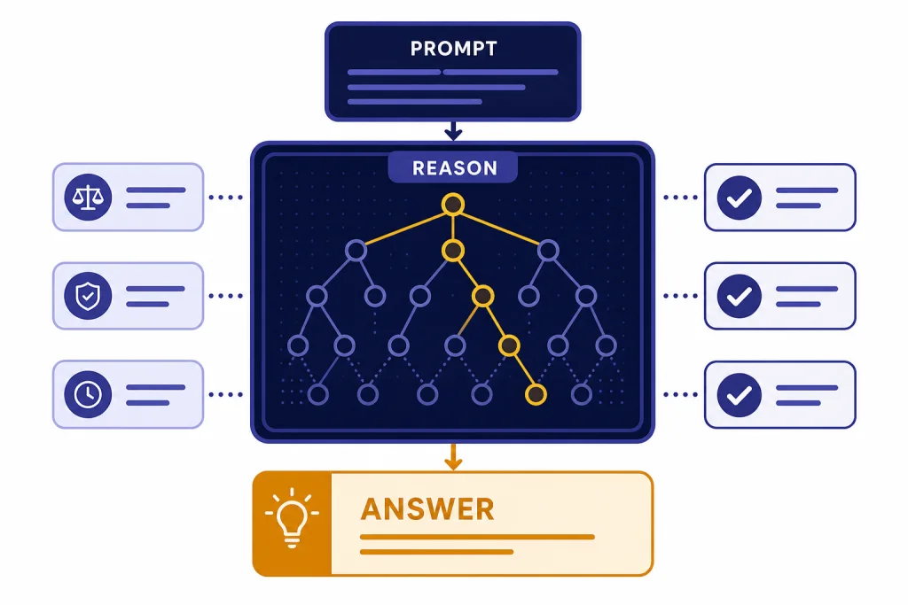 o1 Reasoning Review Reasoning console with a branching decision tree and labeled PROMPT, REASON, and ANSWER cards.