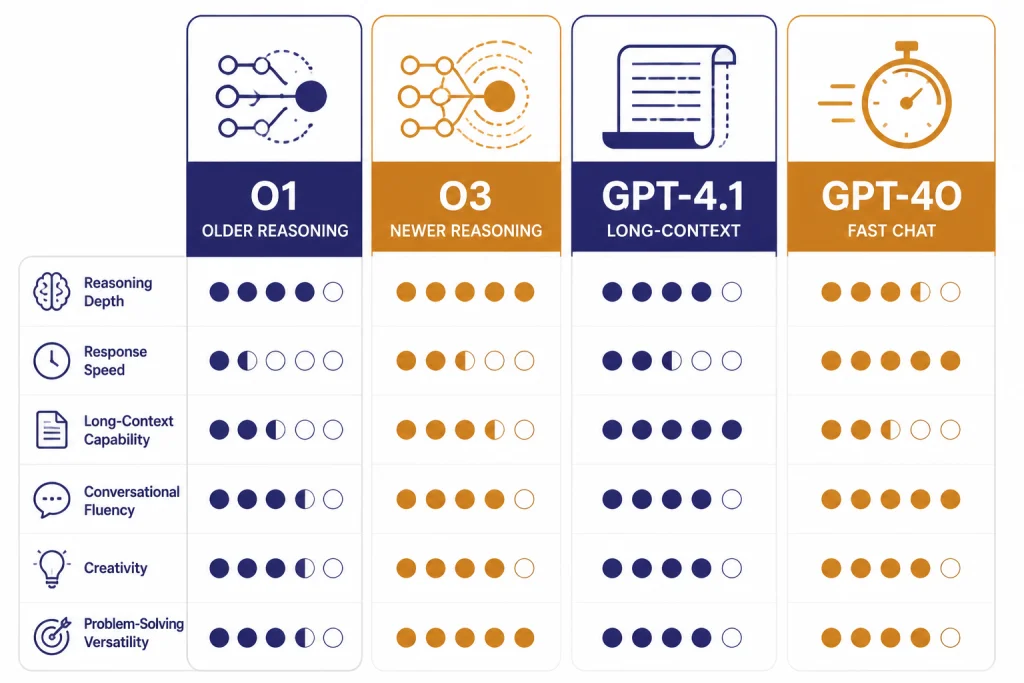 Comparison matrix with four tiles labeled O1, O3, GPT-4.1, and GPT-4O.