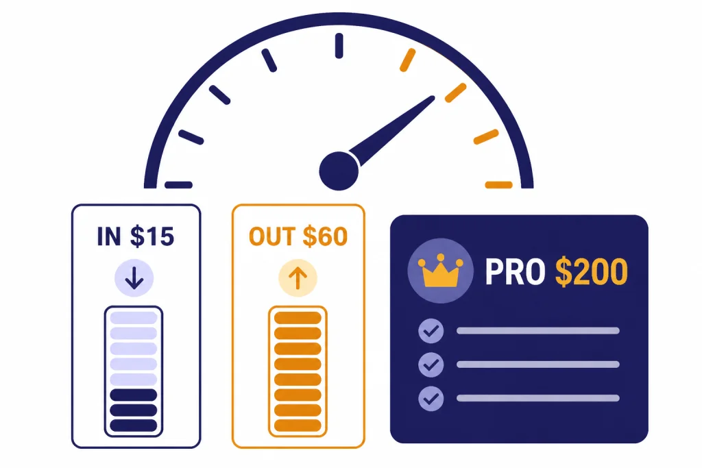 o1 Pricing Meter Pricing meter with bars labeled IN $15 and OUT $60 plus a PRO $200 card.