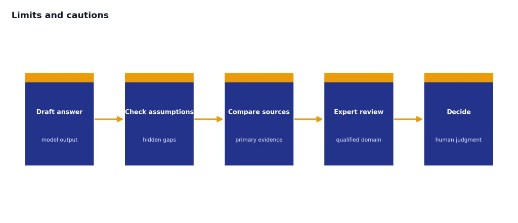 Process with 5 stages: Draft answer, Check assumptions, Compare sources, Expert review, Decide.