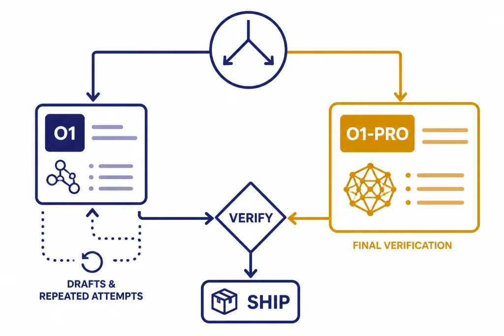 o1-Pro Decision Tree Decision tree with paths labeled O1 and O1-PRO, a VERIFY checkpoint, and a SHIP box.