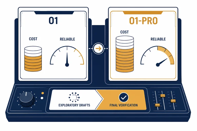 Two model cards labeled O1 and O1-PRO with cost and reliability gauges beside a selector arrow.